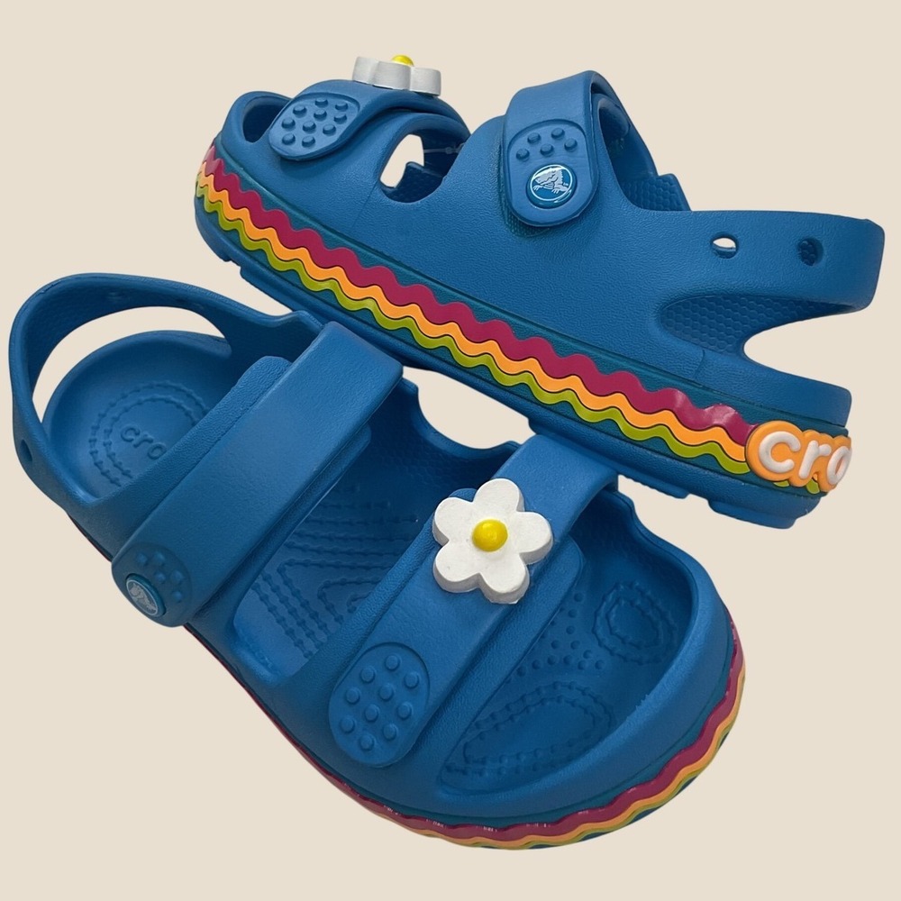 Crocs Kids Crocband Cruiser Sandals Blue Rainbow Daisy 211028-4WG Size J2 NEW